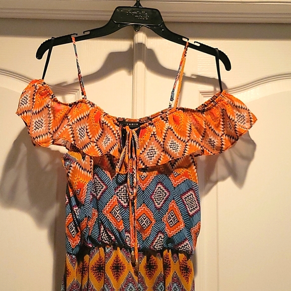 Orange Multicolored Aztec Print Off the Shoulder Long Dress Sz: XS - Picture 3 of 3